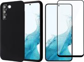 Hoesje geschikt voor Samsung Galaxy S22 - Matte Back Cover Microvezel Siliconen Case Hoes Zwart - Full Tempered Glass Screenprotector