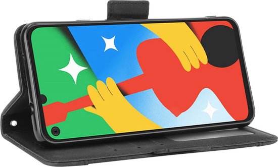 Zwarte portemonnee case met telefoon in standaard modus.