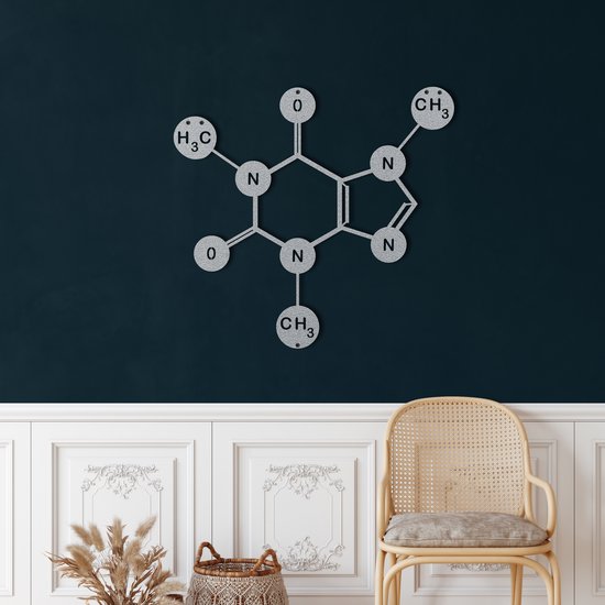 Wanddecoratie |Caffeine Molecule  decor | Metal - Wall Art | Muurdecoratie | Woonkamer |Zilver| 60 x58 cm
