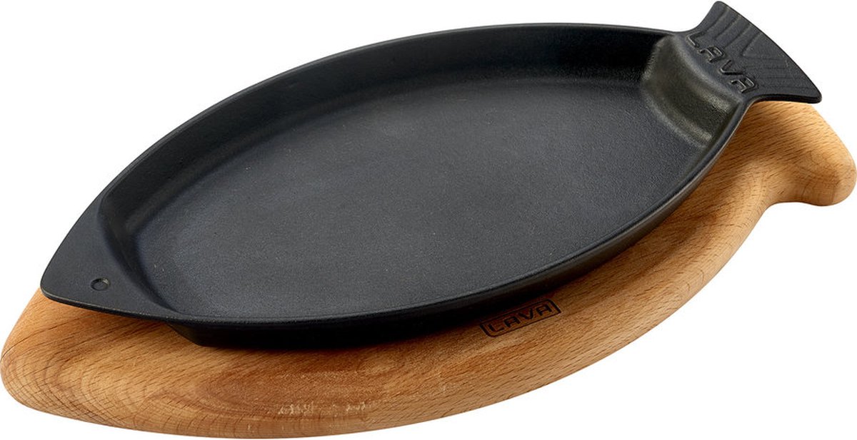 Lava - visvormig bord - met houten onderbord - 15x24 cm - gietijzer zwart