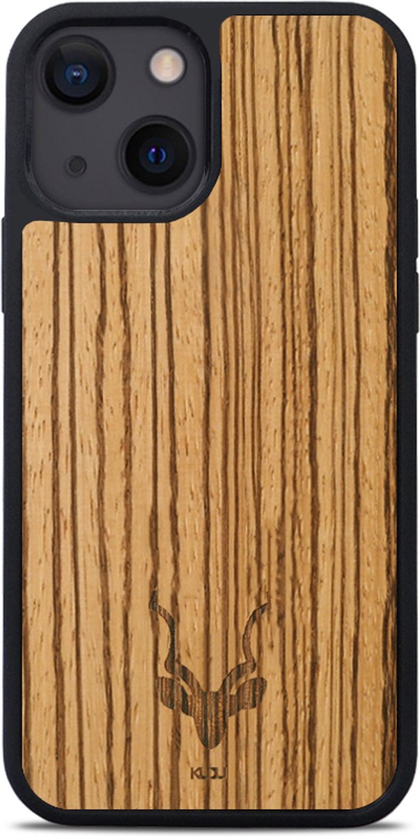 Kudu iPhone 13 hoesje case - Houten backcover - Geschikt voor opladen met magnetische ring - Handgemaakt en afgewerkt met duurzaam TPU - Zebrano - Zwart
