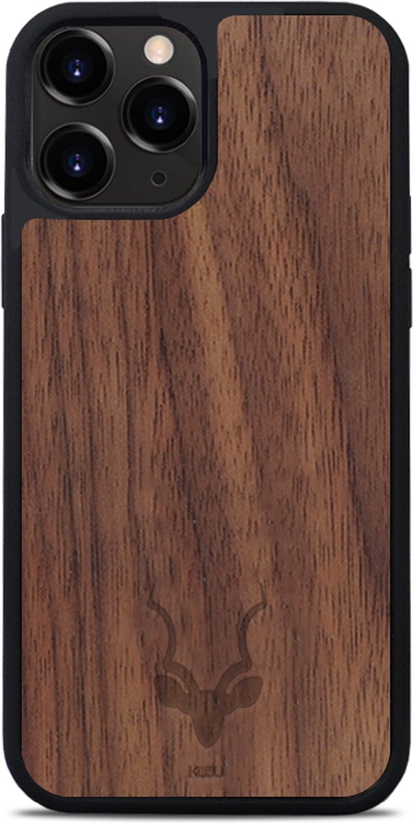 Kudu iPhone 13 Pro Max hoesje case - Houten backcover - Geschikt voor opladen met magnetische ring - Handgemaakt en afgewerkt met duurzaam TPU - Walnoot - Zwart