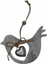 hangfiguur vogel 10 x 15 cm hout/staal grijs/zilver/bruin