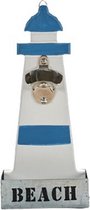 bieropener vuurtoren 31,5 cm hout/staal wit/blauw