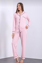 Katoen-Satijn Dames Pyjama - Luxe Pyjamaset - Nachtkleding - Roze Maat XL