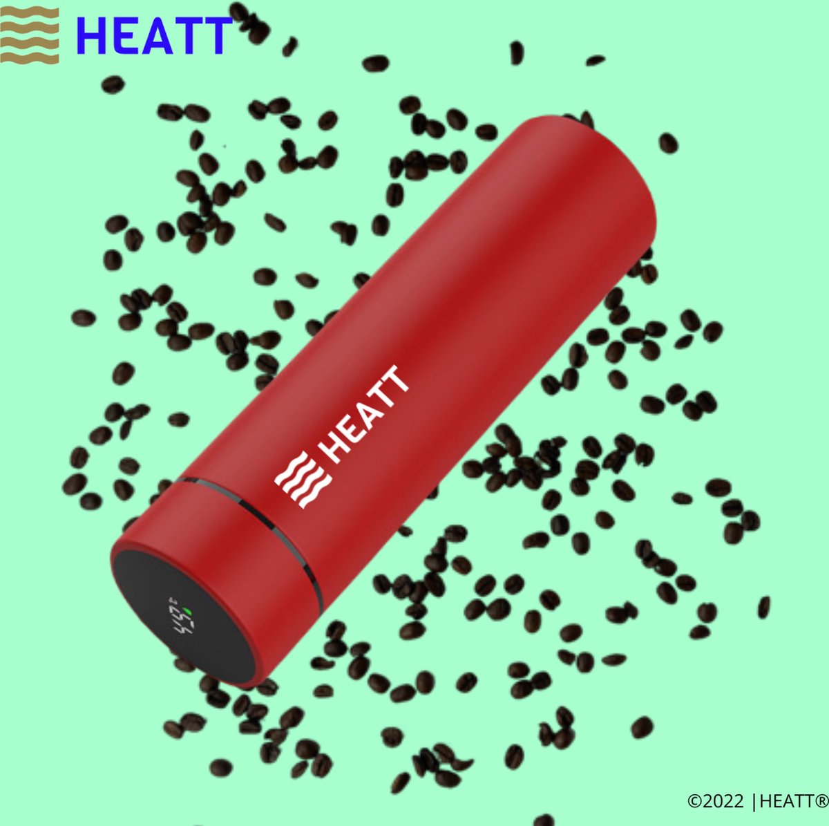 HEATT | De slimme thermosbeker - Rood - Thermosbeker - Thermosfles - 12 uur warm - 24 uur koud - hermetisch afgesloten thermosbeker - vacuüm afgesloten thermosbeker - thermoskan - koffiebeker - slimme thermosbeker - smart thermosbottle