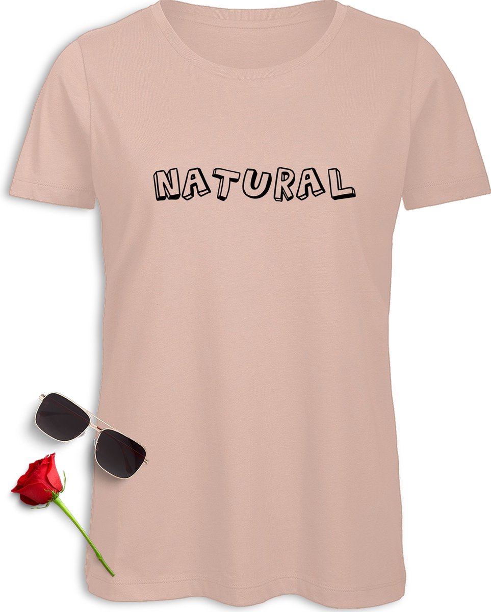 Grappig Dames T Shirt - Vrouwen tshirt met tekst: Natural - t-Shirt maten: S M L XL XXL - Kleuren: Khaki en Pink (Millennial).