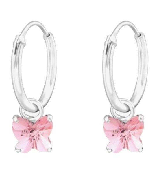 Joy|S - Zilveren vlinder bedel oorbellen - Swarovski roze - oorringen