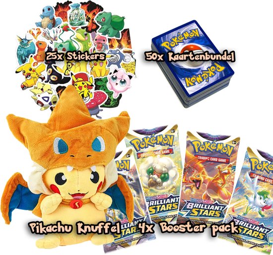 Afbeelding van het spel Pokemon Bundel - Speel en Ruilkaarten - Pikachu Charizard Knuffel -  25x Pokémon Stickers - TCG Pokemon kaarten Brilliant Stars