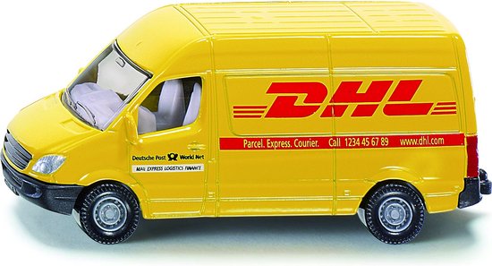 Gele DHL bestelwagen met rode logo's en tekst: "Parcel. Express. Courier."