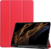 Hoes Geschikt voor Samsung Galaxy Tab S8 Ultra - Smart Tri-Fold Tablet Book Case Cover met Penhouder - Rood