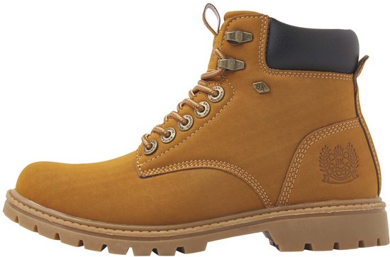 Gouden bruine veterlaars met dikke zool en zwart accent rond de enkel. BK logo zichtbaar.