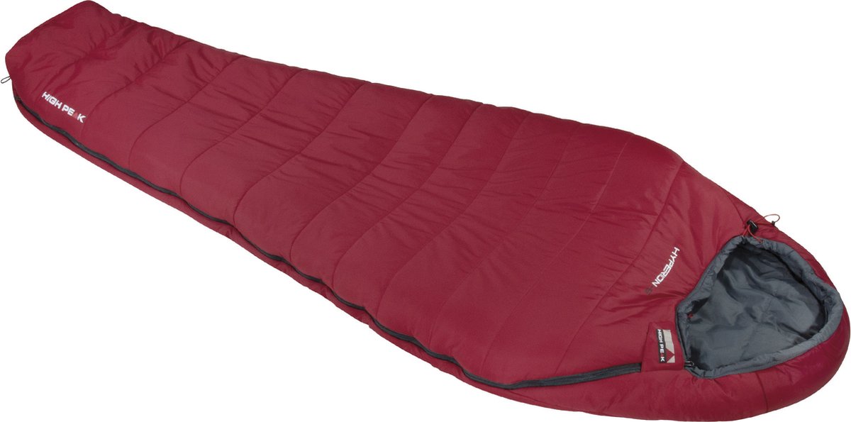High Peak Hyperion -5, hoogwaardige functionele mummieslaapzak, donkerrood, voor volwassenen, 3 seizoenen (lente-zomer-herfst), temperatuur -5°C, warm, incl. compressiehoes, compact, ideaal voor camping, wandelen, trekking, berg- en rugzaktours