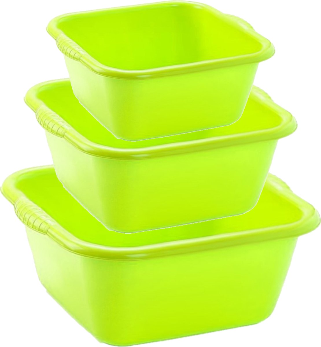 Voordeelset multifunctionele kunststof teiltjes groen in 3 formaten - 6-10-15 liter inhoud