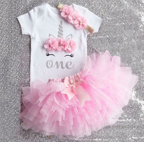 3 in 1 set Cakesmash outfit meisje - Eerste verjaardag Eenhoorn Jurk set - Babykleding - Roze Unicorn - 1 jaar - NNJXD