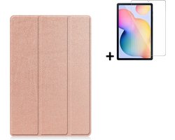 Hoesje Geschikt voor Samsung Galaxy Tab S6 Lite - 10.4 inch - Screenprotector Samsung Galaxy Tab S6 Lite - Samsung Tab S6 Lite Tri fold book case hoes Rosegoud + Tempered Glass