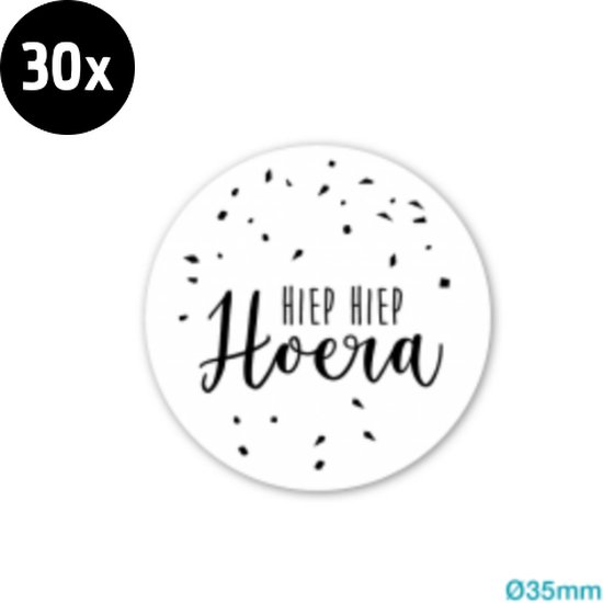 30x Sluitsticker wit Hiep Hiep Hoera | Wit met zwart | Confetti | 35 mm | Sluitzegel Feest | Sluitsticker | Chique inpakken | Traktatie - Verjaardag - Feest - Kinderfeest - Kinderverjaardag