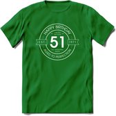 51th Happy Birthday T-shirt | Vintage 1971 Aged to Perfection | 51 jaar Abraham en Sarah verjaardag cadeau | Grappig feest shirt Heren – Dames – Unisex kleding | - Donker Groen - X