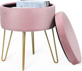 FURNIBELLA - fluwelen voetenbank ronde poef poef metalen poten voor thuis woonkamer slaapkamer kantoor roze