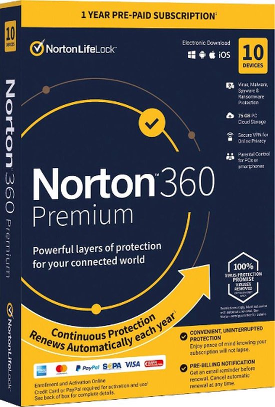 Norton Antivirus 360 Premium 1 licentie 10 apparaten 12 maanden NL