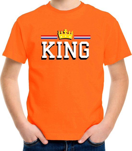 King met kroon t-shirt - oranje - kinderen - koningsdag / EK/WK outfit / kleding 134/140
