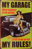 Signs-USA - Retro wandbord - metaal - My Garage My Rules - Black Car Pin Up - 30 x 40 cm