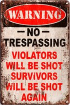 Signs-USA - Retro wandbord - metaal - Warning - No Trespassing - 30 x 40 cm