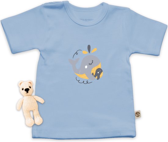 Wooden Buttons - T Shirt Baby - Schattige Walvis Print - Blauw - Maat 74