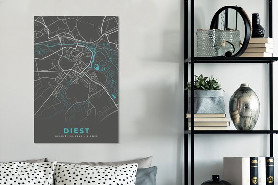 Toile Peinture België – Diest – Plan de Ville – Carte – Blauw – Carte - 60x90 cm - Décoration murale