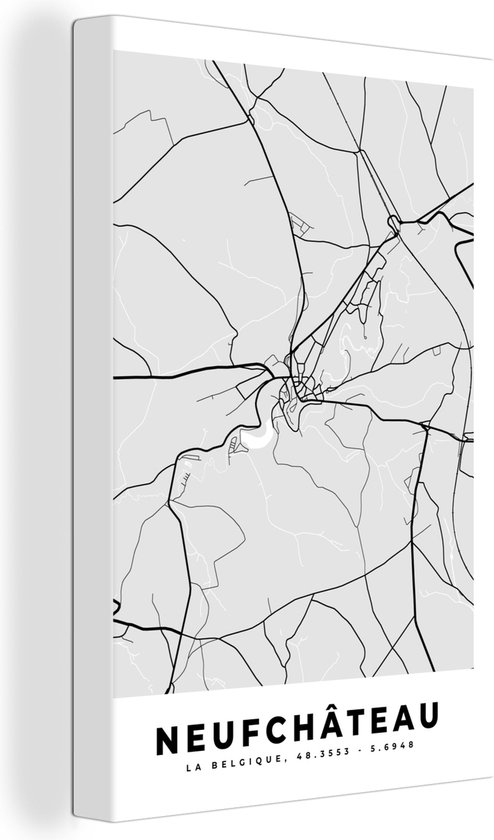 Canvas Schilderij Stadskaart – Plattegrond – België – Zwart Wit – Neufchâteau – Kaart - 60x90 cm - Wanddecoratie