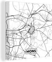 Canvas Schilderij Stadskaart – Plattegrond – België – Zwart Wit – Mons – Kaart - 90x90 cm - Wanddecoratie