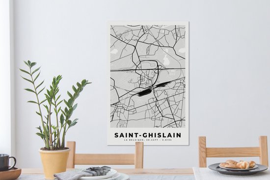 Toile Peinture City Map - Zwart Wit - Carte - Saint Ghislain - België - Carte - 40x60 cm - Décoration murale