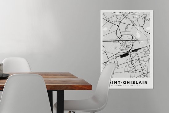 Toile Peinture City Map - Zwart Wit - Carte - Saint Ghislain - België - Carte - 40x60 cm - Décoration murale