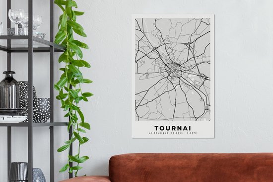 Toile Peinture Plan de Ville - Carte - België - Zwart Wit - Tournai - Carte - 40x60 cm - Décoration murale