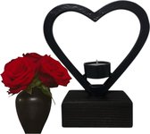 Urn hart/theelichtje - zwart metaal in houten sokkel - hoogte 20cm