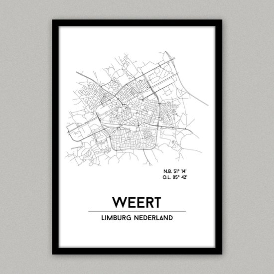 Weert city poster, A3 (30x40 cm) met lijst, plattegrond poster, woonplaatsposter, woonposter