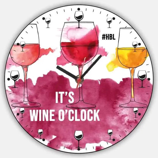 Horloge murale It's wine o'clock - Klok - Horloges Horloges murales - Déco maison - Accessoires de maison maison - Moderne - 22 cm - Cadeau fête des mères - MDF - violet - blanc - jaune