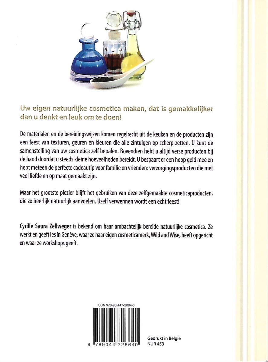 Boek 'Uw eigen natuurlijke cosmetica maken', met op de kaft een foto van glazen flesjes met cosmetica.