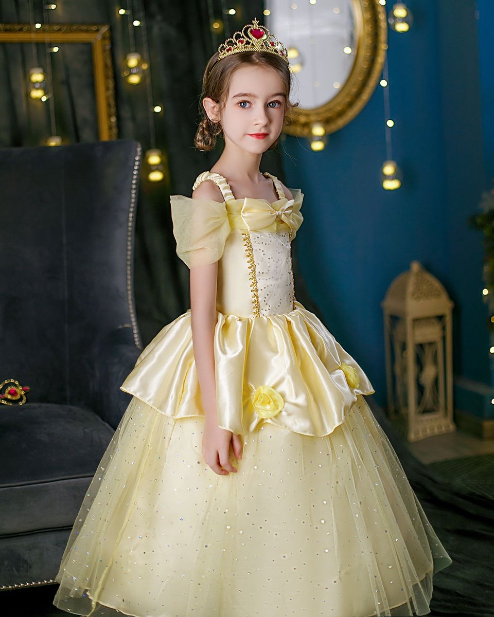 Joya Kids® Gele Verkleedjurk | Prinsessen Jurk | Prinses & het Beest verkleedkleding | (130) + kroon, Staf, Handschoenen, Ketting, Ring & Oorbellen | Sinterklaas kado cadeau meisje — afbeelding 16