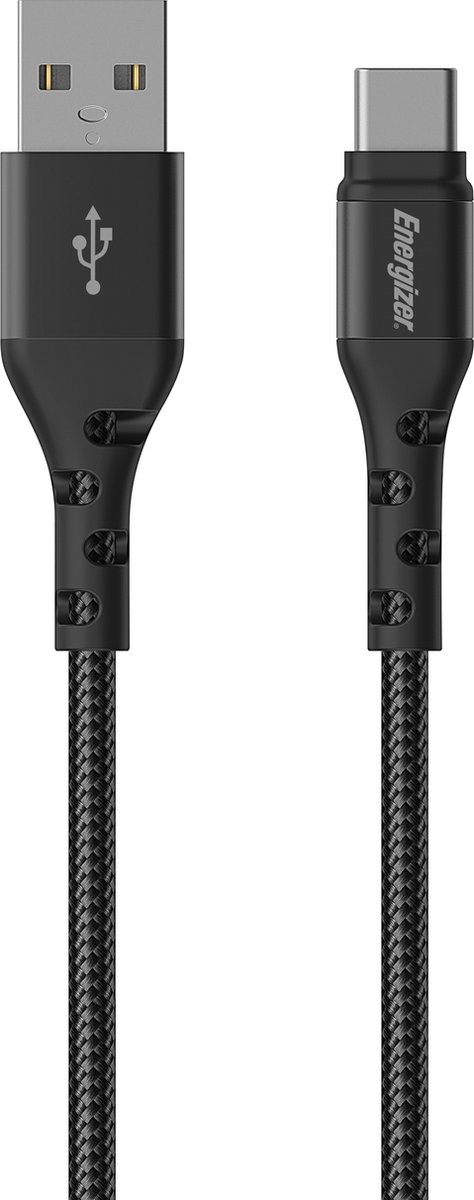 ENERGIZER, Oplaad- en Datakabel USB-A naar USB-C Gevlochten Nylon 2m Anti-klit, Zwart