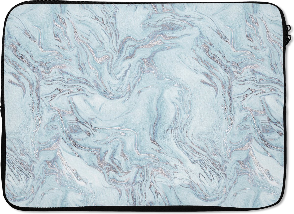 Laptophoes 14 inch - Zilver - Blauw - Marmer print - Patronen - Laptop sleeve - Binnenmaat 33x23 cm - Zwarte achterkant