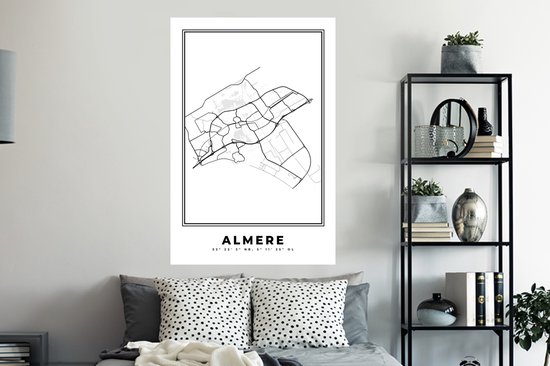 Stickers muraux - Plan de la ville - Zwart Wit - Carte - Almere - Pays- Nederland - Carte - 80x120 cm - Feuille adhésive