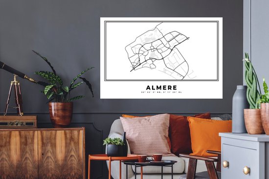 Stickers muraux - Pays- Nederland - Almere - Plan de la ville - Carte - Zwart Wit - Carte - 120x80 cm - Feuille adhésive