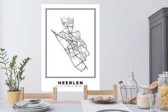 Stickers muraux - Carte - Plan d'étage - Plan de la ville - Heerlen - Pays- Nederland - Zwart et Wit - 80x120 cm - Feuille adhésive