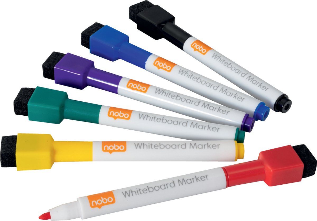 Nobo Geurarme Mini Whiteboard Markers met Wisser - 6 Stuks Assorti kleur - Fijne Punt van 2 Millimeter