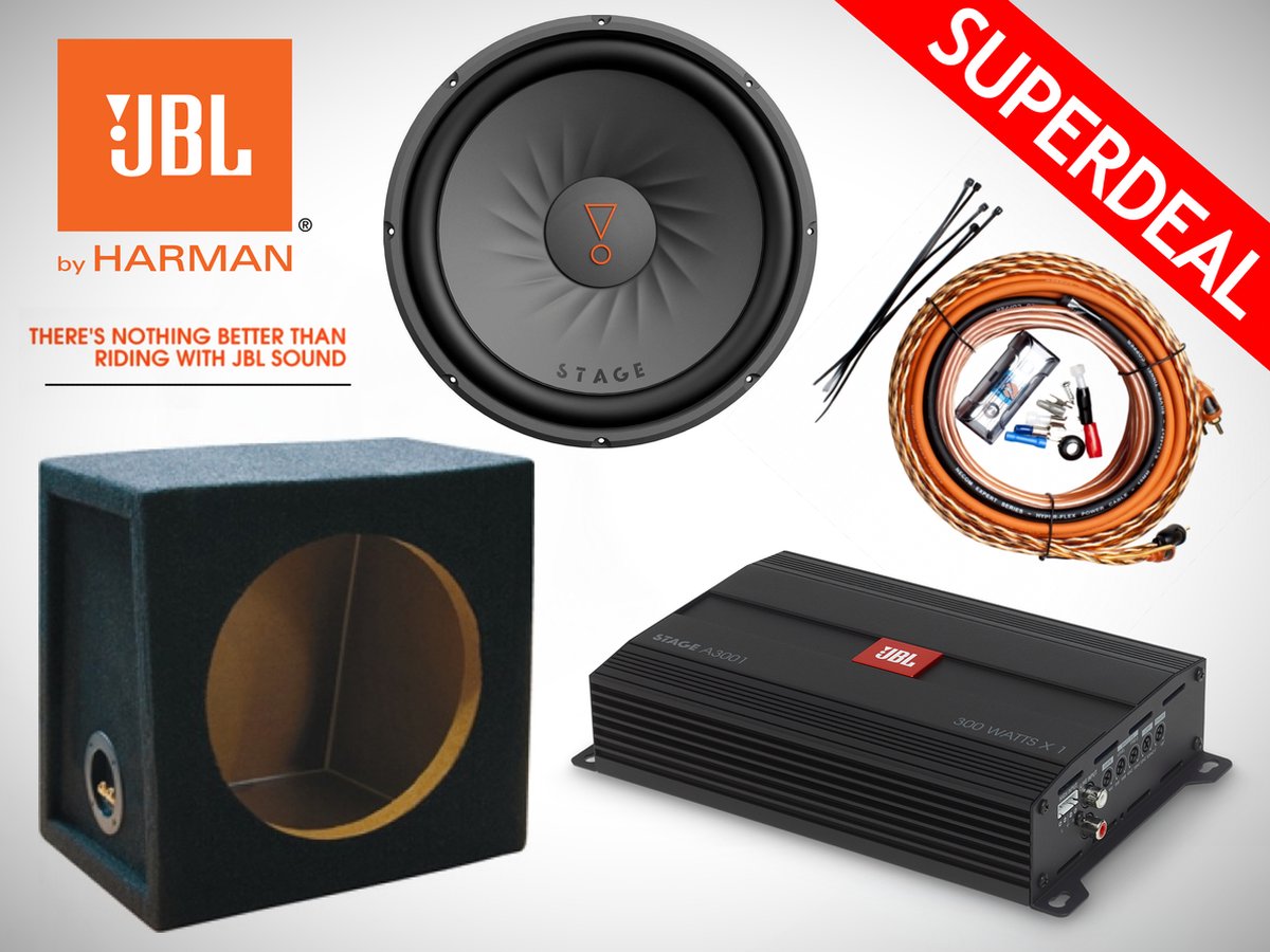 Subwoofer JBL 1000W + boîtier 28L + amplificateur JBL + jeu de câbles OFC |  bol.