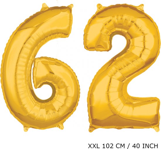 Mega grote XXL gouden folie ballon cijfer 62 jaar.  leeftijd verjaardag 62 jaar. 102 cm 40 inch. Met rietje om ballonnen mee op te blazen.