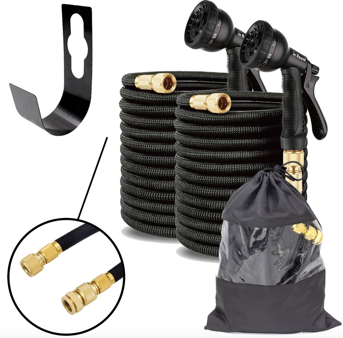 Flexibele Tuinslang 22,5 Meter - 2 pack - Zwart - Uitrekbaar - Uitrekbare Tuinslang - Tuin Bewatering - Magic Garden Water Hose - Sproeikop - Zwarte Uitzetbare Tuinslang Flexibel – Tuinsproeier - Sproeier Tuin - Tuin Besproeien - Waterslang