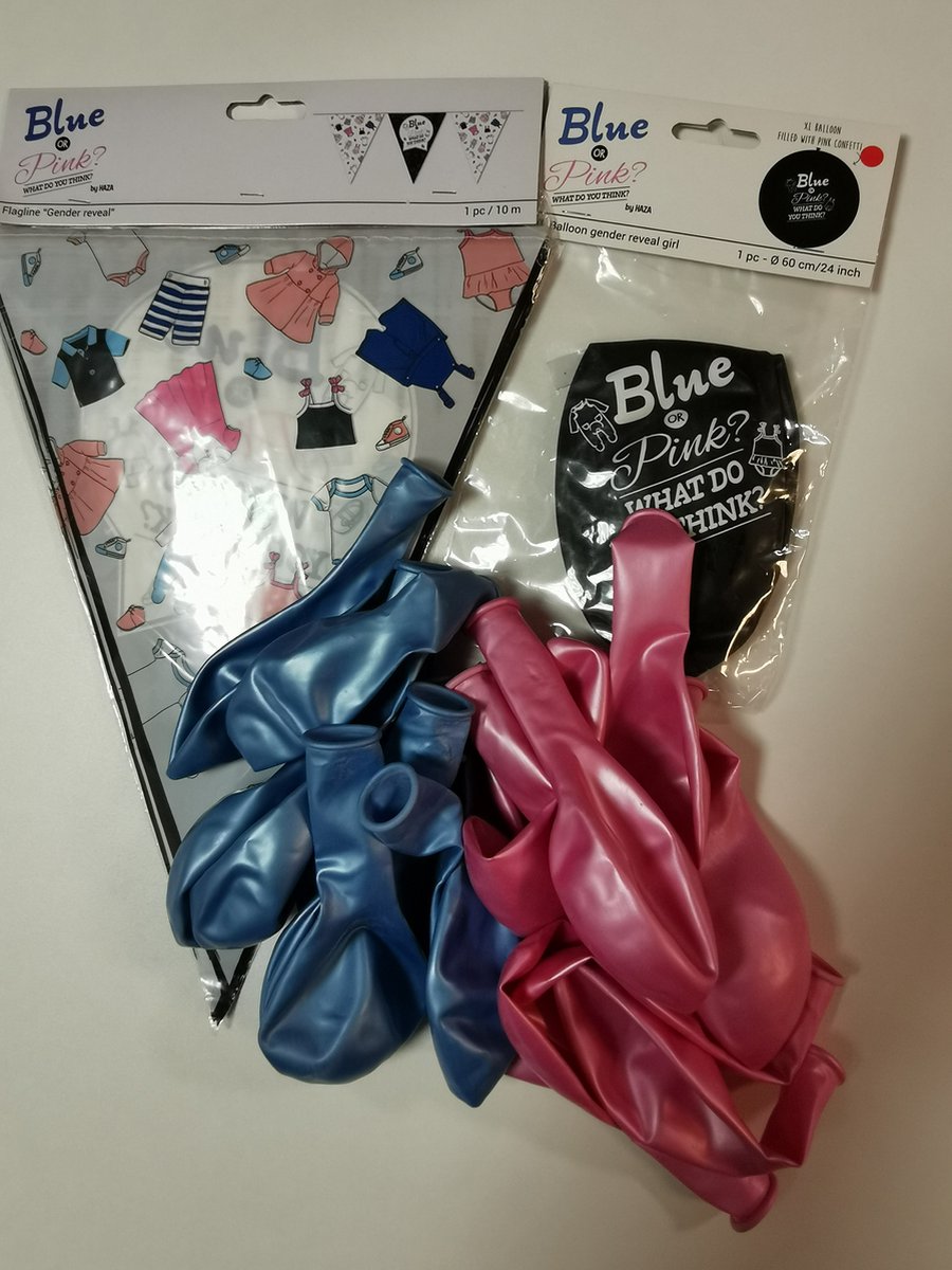 gender reveal ballonpakket roze met grote zwarte ballon roze confetti, 10 roze ballonnen, 10 blauwe ballonnen en vlaggenlijn 10mtr