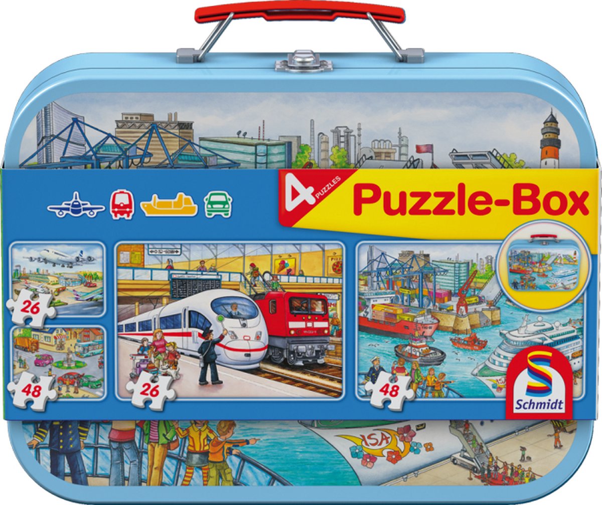 Schmidt - Legpuzzel - Vervoermiddelen, puzzelbox, 2x26 & 2x48 stukjes in metalen koffer - Kinderen - vanaf 4 jaar